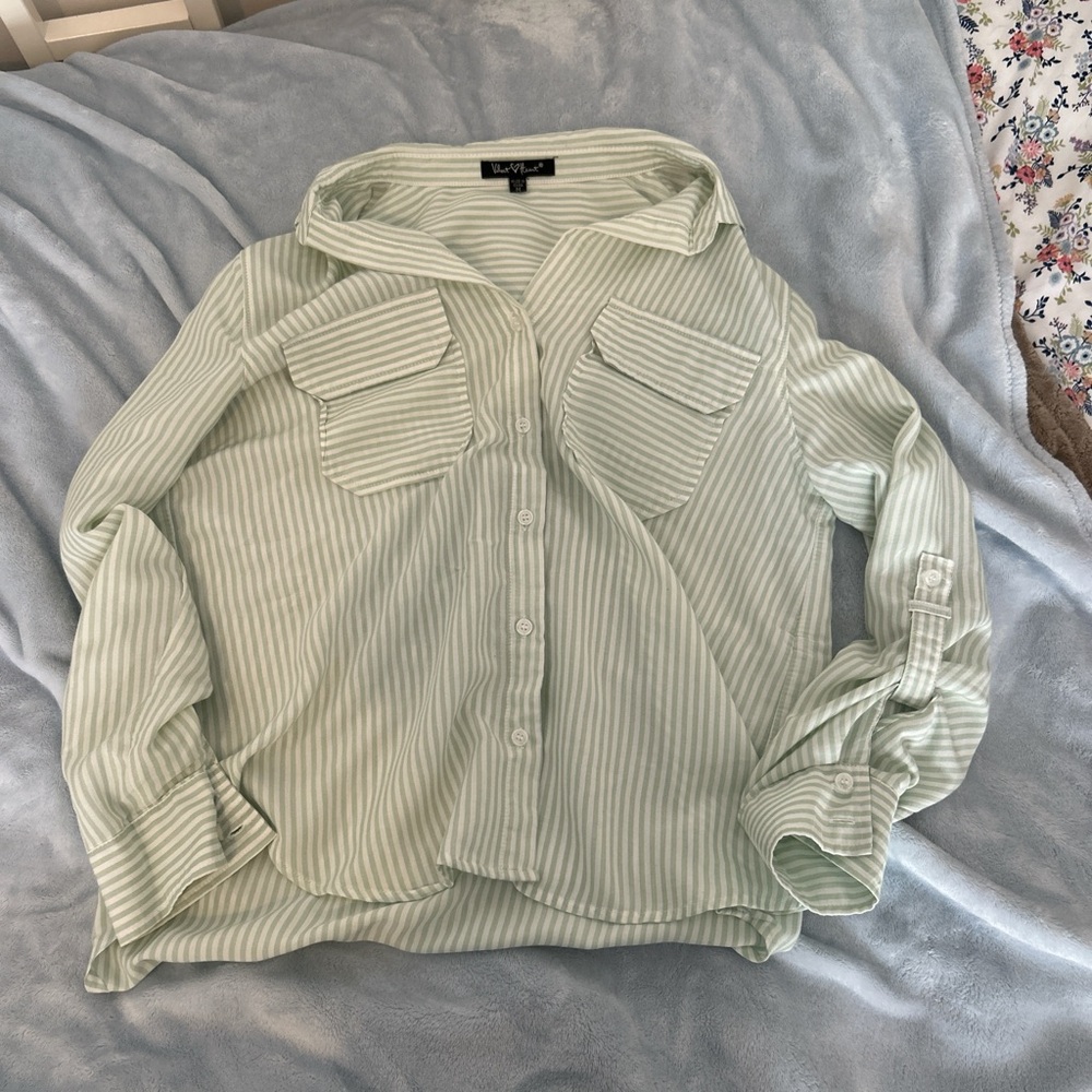 Velvet Heart mint green and white striped button up button down shirt blouse